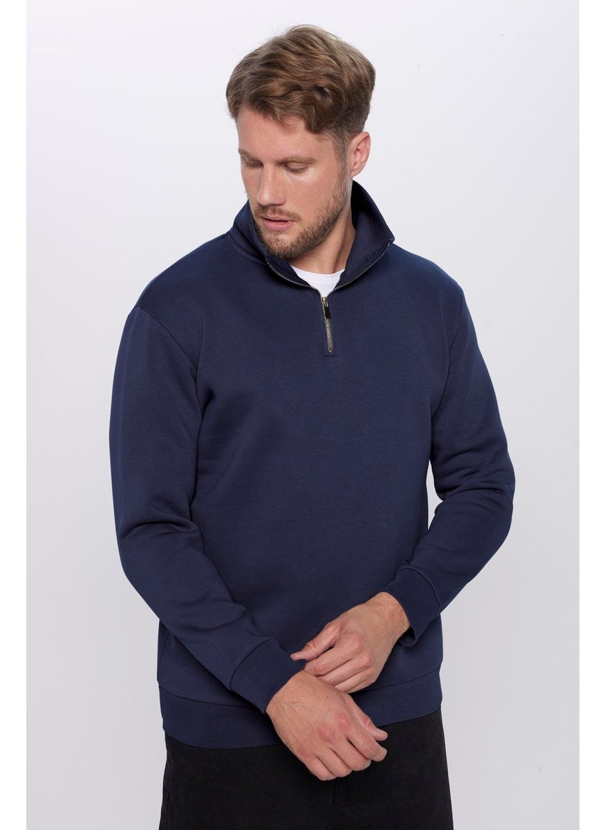 Relax Fit Comfortable Cut Cotton Fleece Inside Half Zipper Navy Blue Stand Collar Sweatshirt