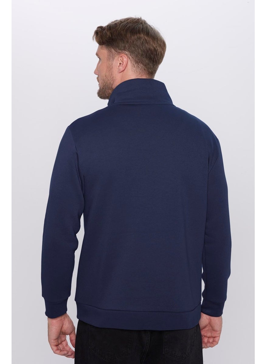 Relax Fit Comfortable Cut Cotton Fleece Inside Half Zipper Navy Blue Stand Collar Sweatshirt