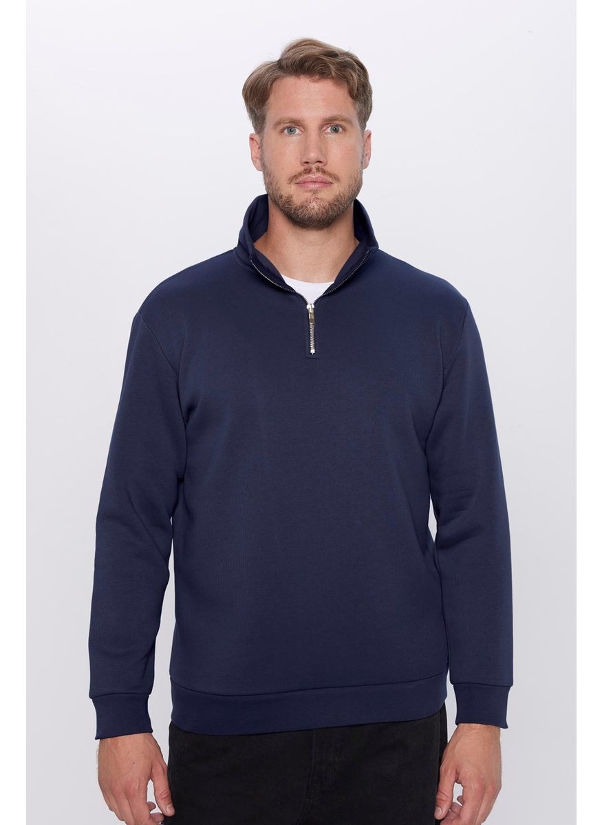 Relax Fit Comfortable Cut Cotton Fleece Inside Half Zipper Navy Blue Stand Collar Sweatshirt