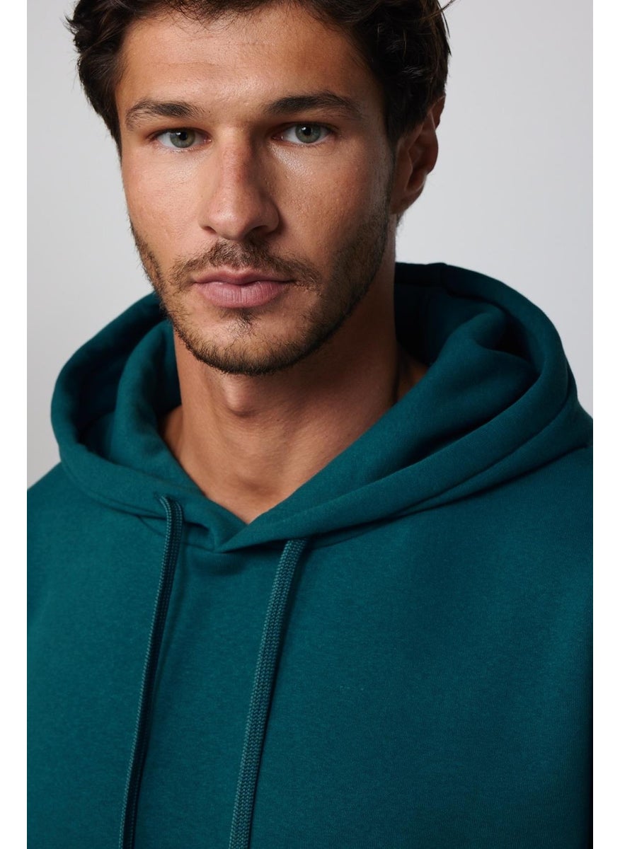 Oversize Cotton Hooded Basic Petrol Color Unisex Sweatshirt