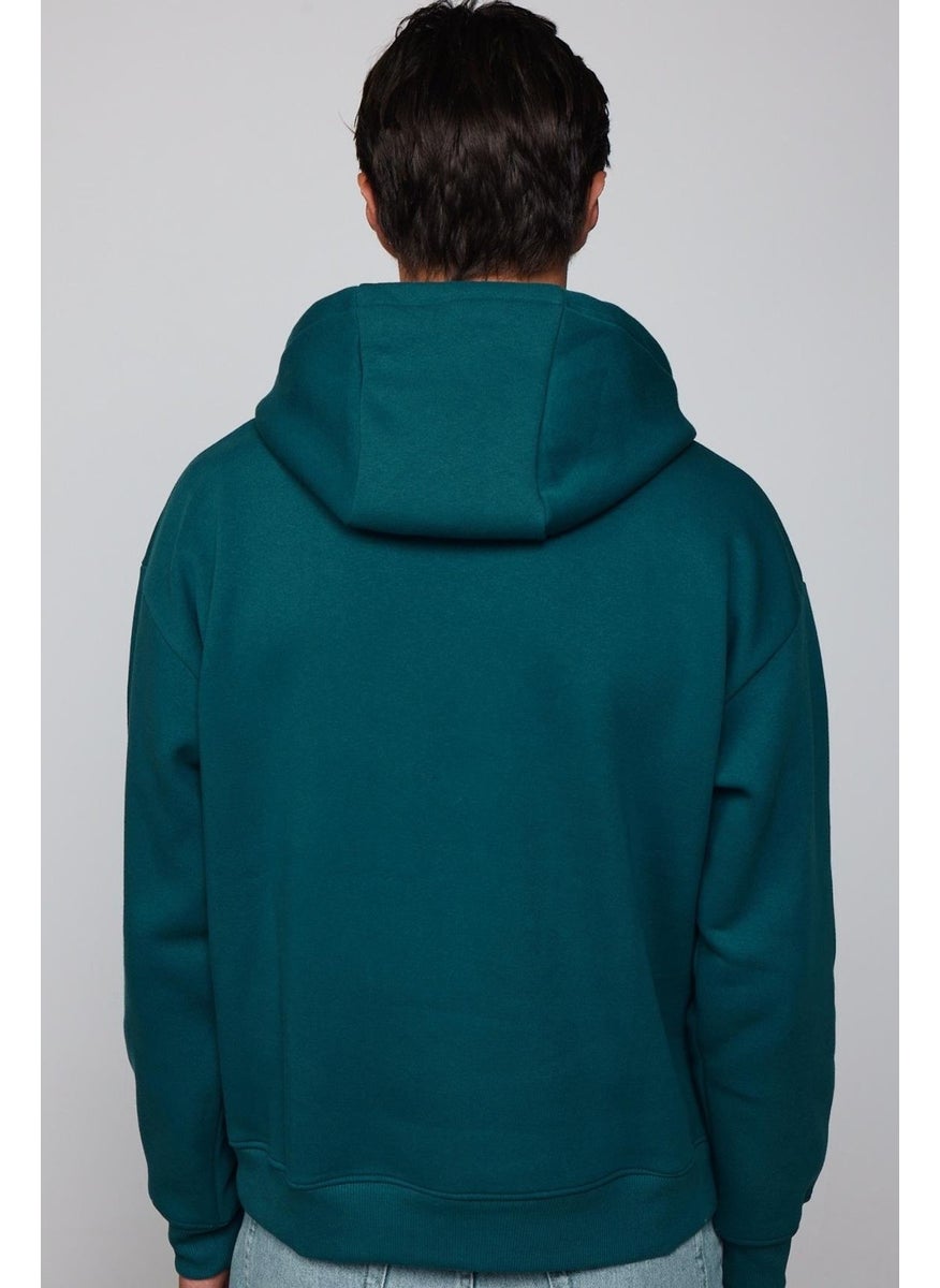 Oversize Cotton Hooded Basic Petrol Color Unisex Sweatshirt