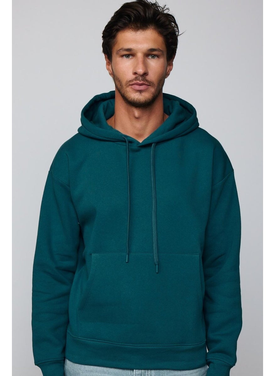 Oversize Cotton Hooded Basic Petrol Color Unisex Sweatshirt