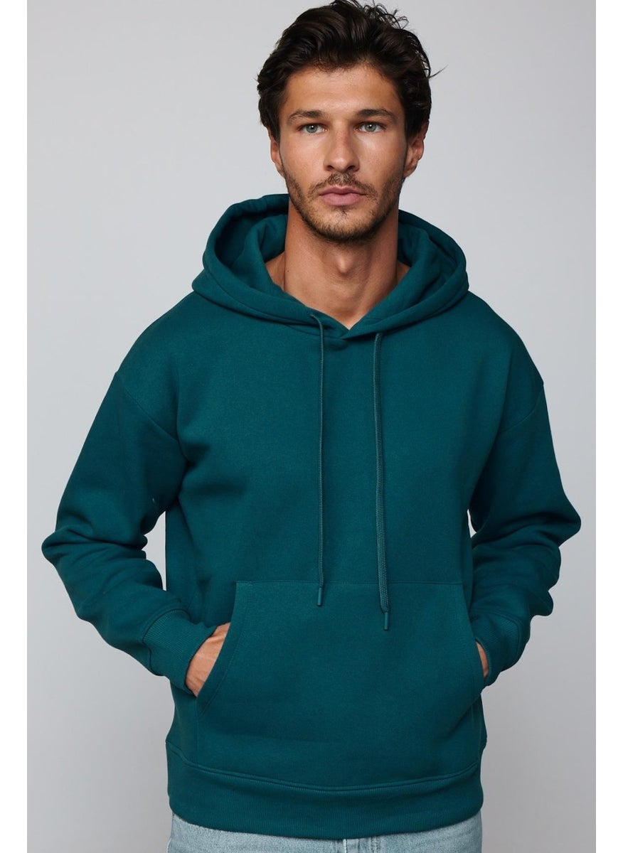 Oversize Cotton Hooded Basic Petrol Color Unisex Sweatshirt