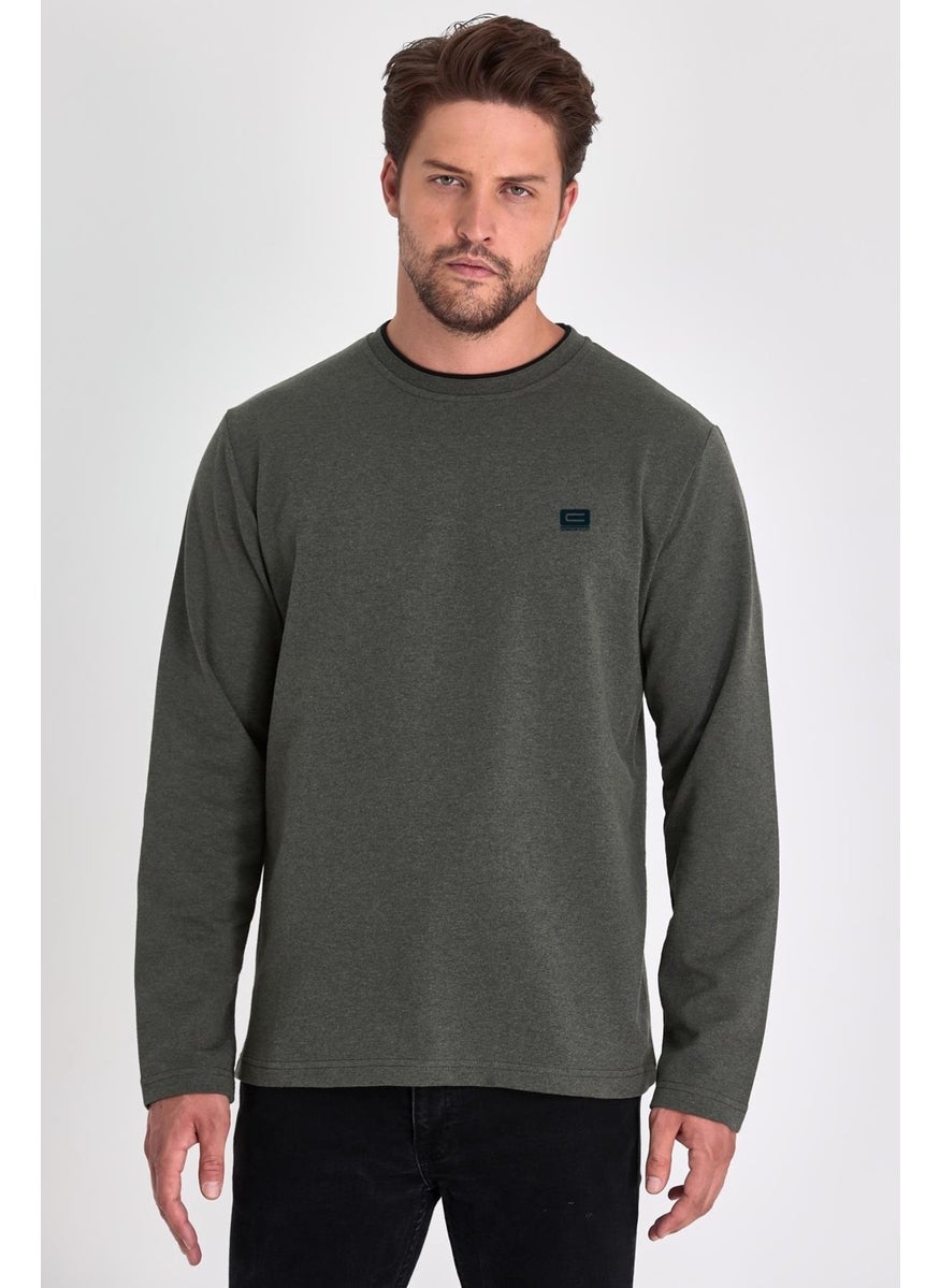 Men's Khaki Double Crew Neck Print Detailed Standard Comfortable Cut Sweatshirt