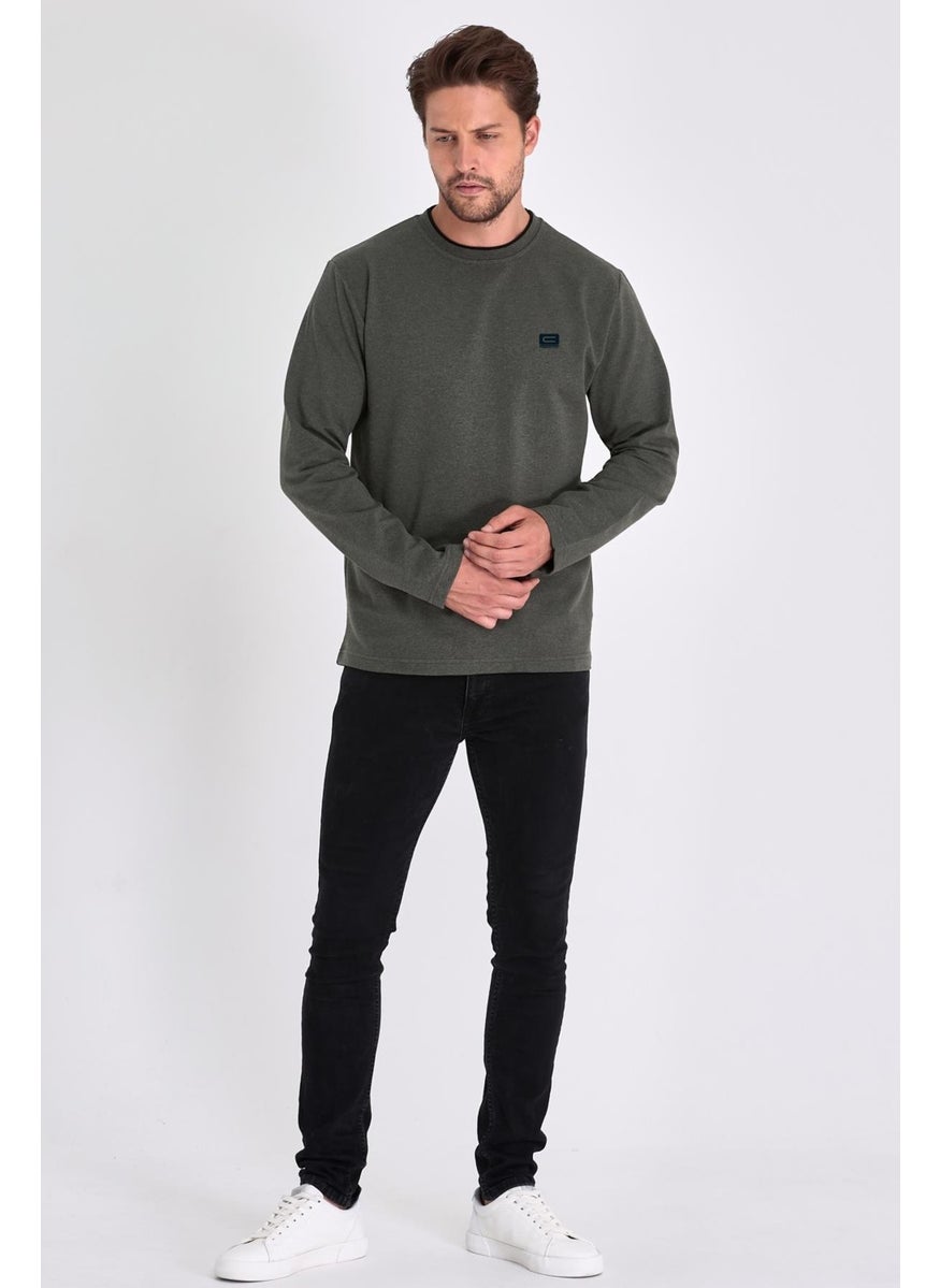 Men's Khaki Double Crew Neck Print Detailed Standard Comfortable Cut Sweatshirt