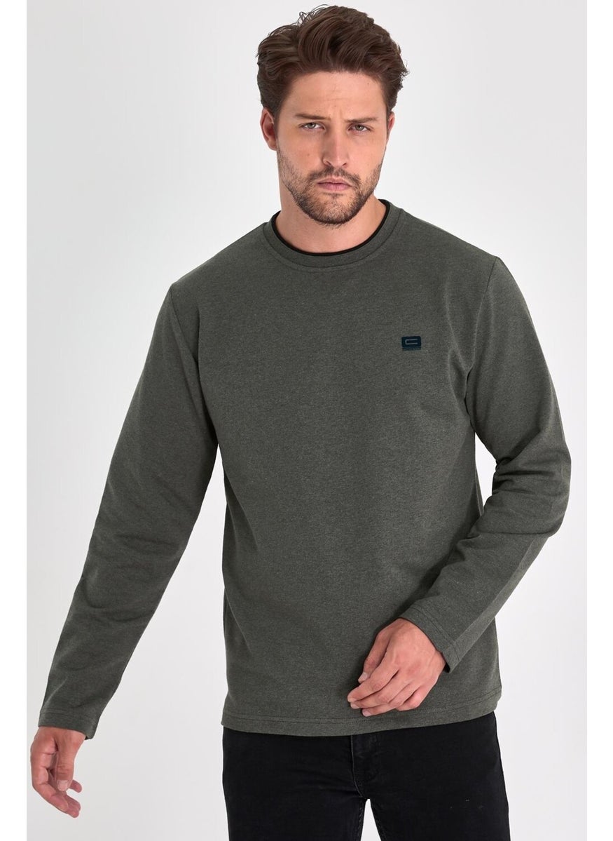 Men's Khaki Double Crew Neck Print Detailed Standard Comfortable Cut Sweatshirt