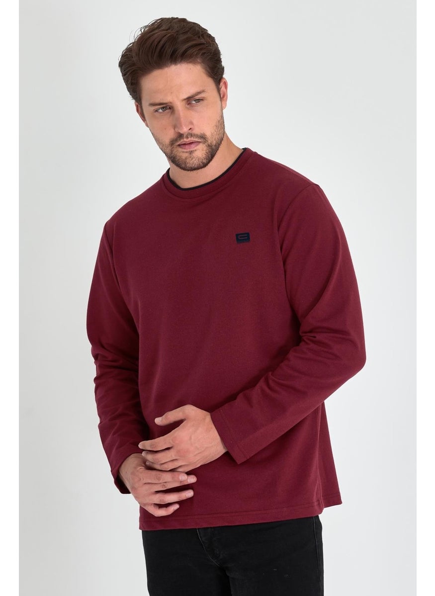 Men's Burgundy Double Crew Neck Print Detailed Standard Comfortable Cut Sweatshirt