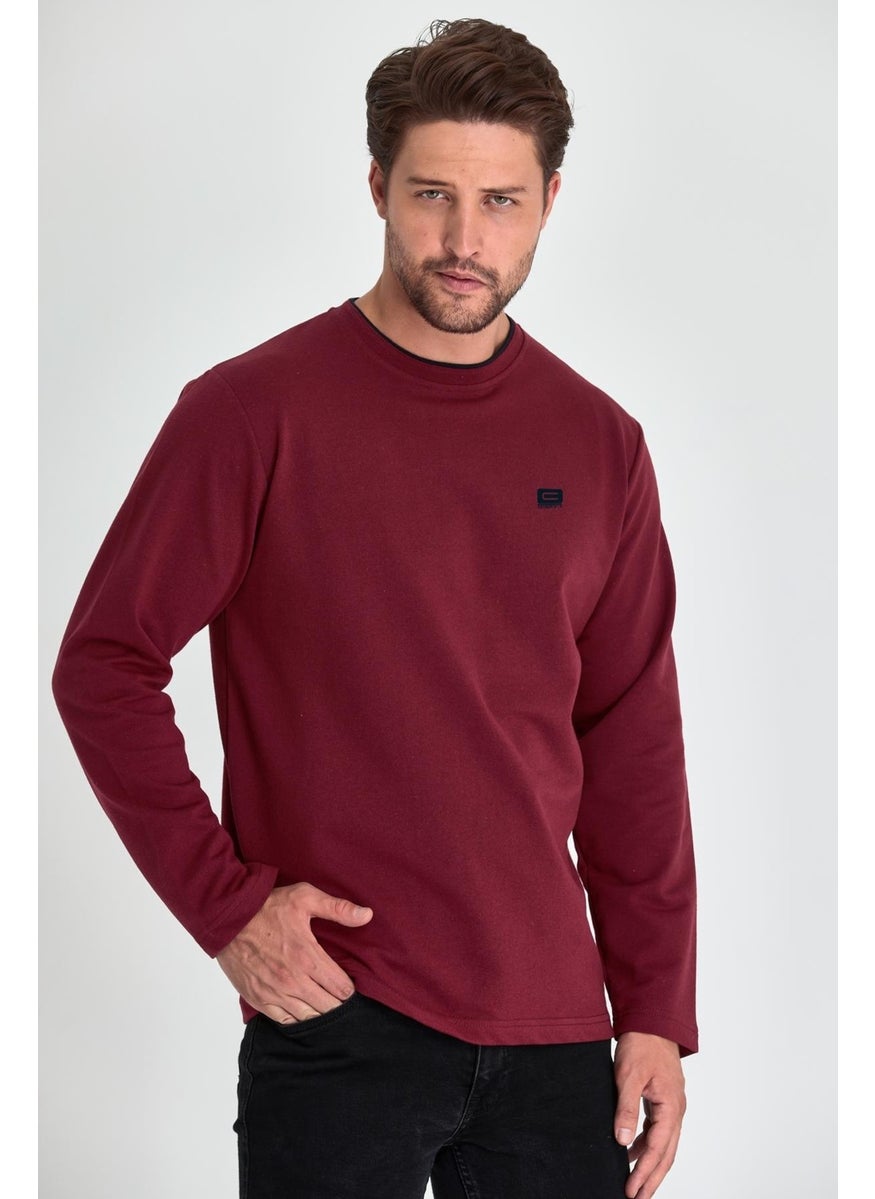 Men's Burgundy Double Crew Neck Print Detailed Standard Comfortable Cut Sweatshirt