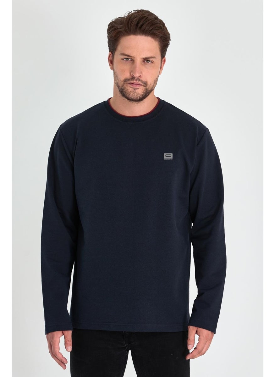 Men's Navy Blue Double Crew Neck Print Detailed Standard Comfortable Cut Sweatshirt