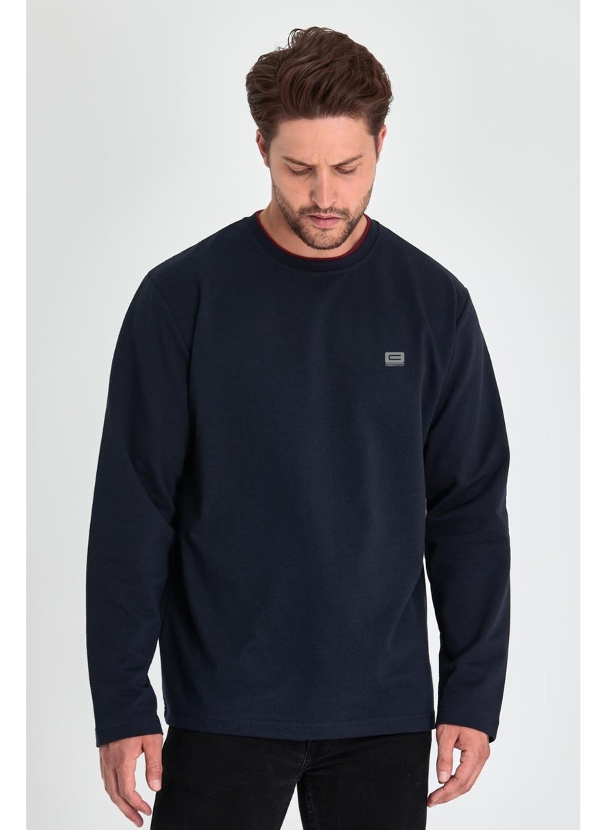 Men's Navy Blue Double Crew Neck Print Detailed Standard Comfortable Cut Sweatshirt