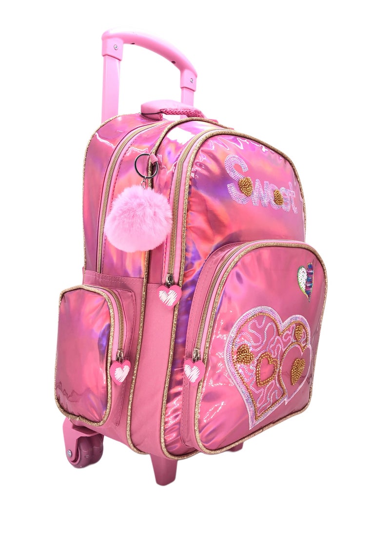 Pink Heart and Butterfly Design Rolling Backpack 18 inch Wheeled Kids Backpack with Lunch Bag and Pencil Case for Girls Blue and Pink