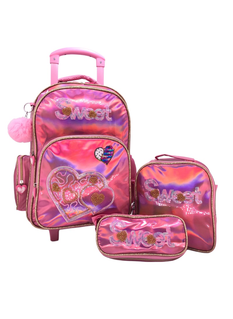 Pink Heart and Butterfly Design Rolling Backpack 18 inch Wheeled Kids Backpack with Lunch Bag and Pencil Case for Girls Blue and Pink