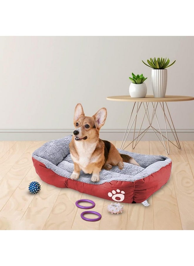 Dog & Cat Bed|Super Soft Plush Top Pet Bed|Oxford Cloth Polyester Filling|Machine Washable Dog Bed|Rectangular Cat Bed With Rise-Edge Pillow|Qy036R-S|Red