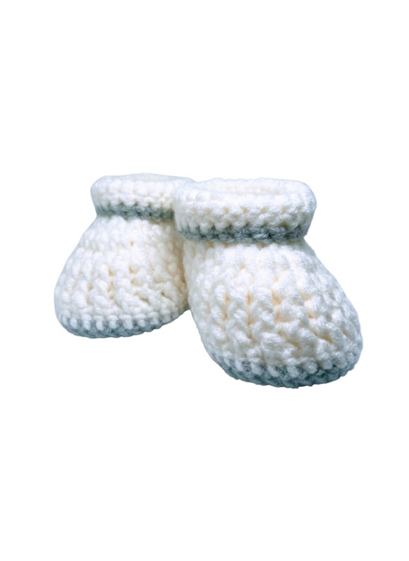 Braided Baby Booties Solid White with Grey Border 4.5 inch sole for 3 to 6 months baby feet