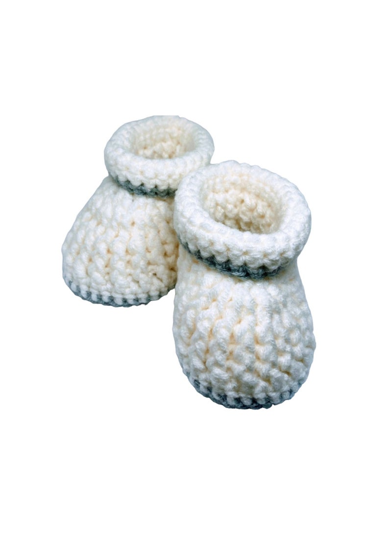 Braided Baby Booties Solid White with Grey Border 4.5 inch sole for 3 to 6 months baby feet