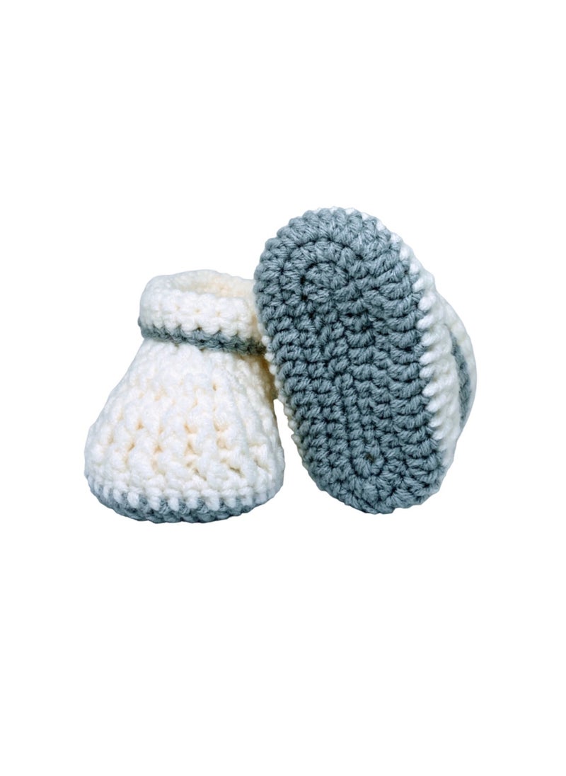 Braided Baby Booties Solid White with Grey Border 4.5 inch sole for 3 to 6 months baby feet