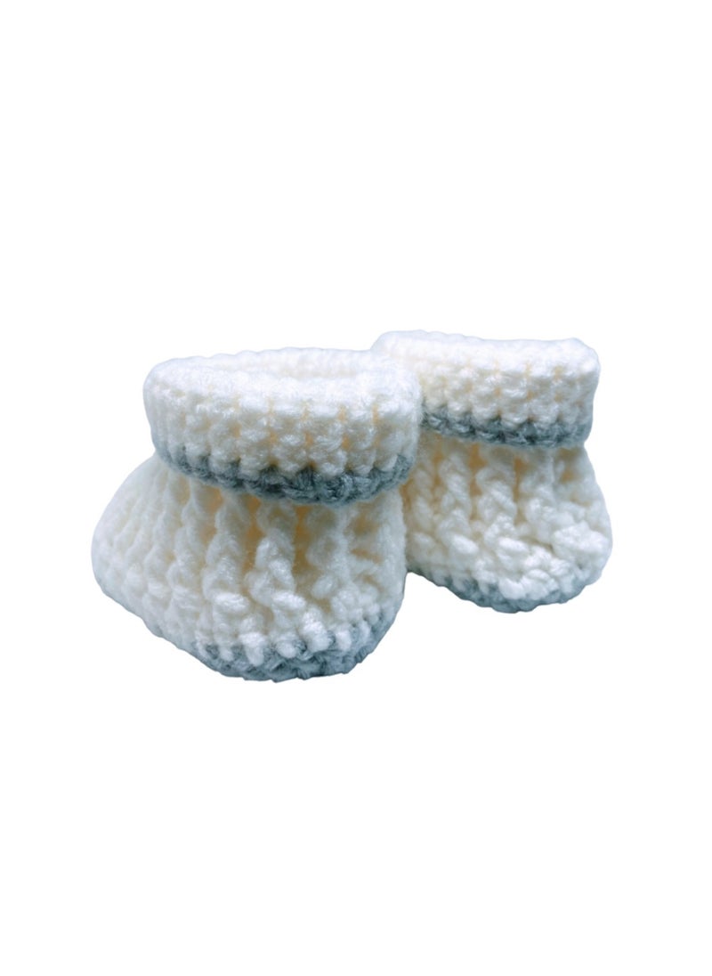 Braided Baby Booties Solid White with Grey Border 4.5 inch sole for 3 to 6 months baby feet