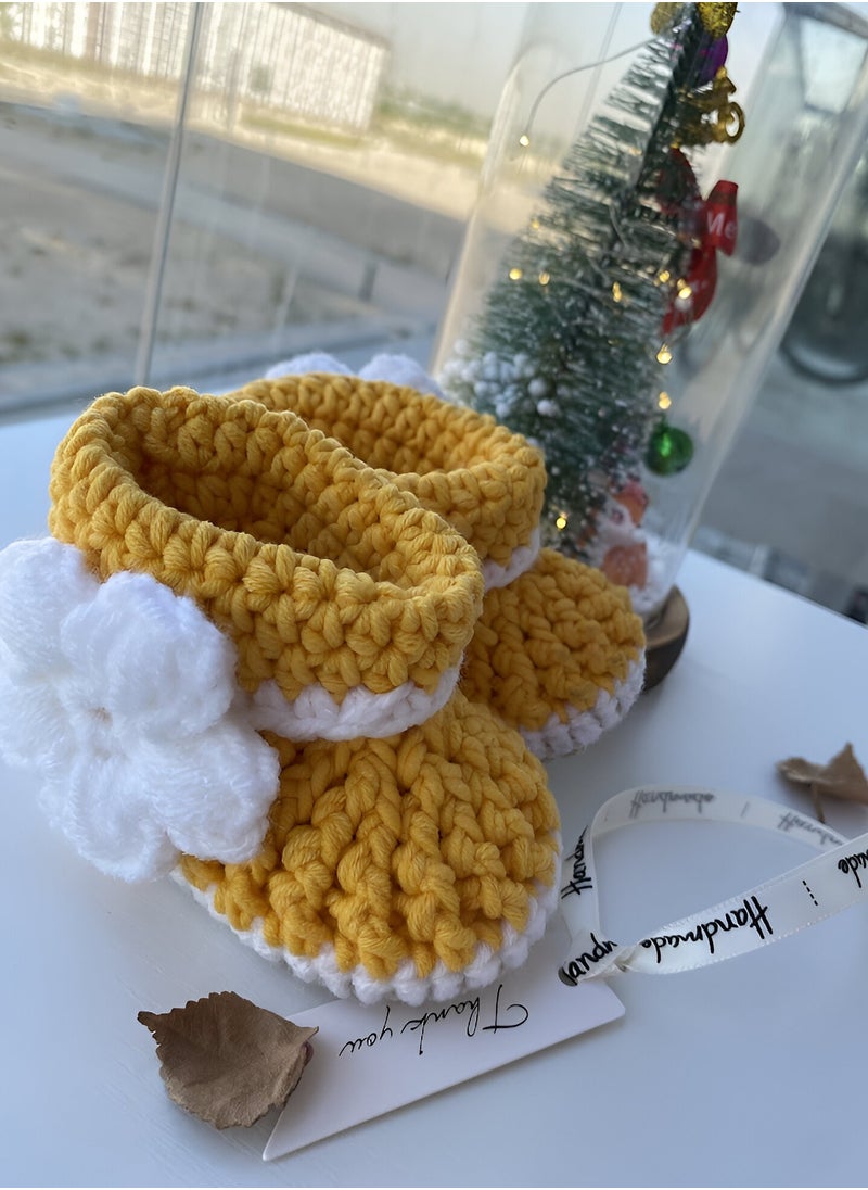 Mustard Baby Shoes with puff flower for 2 to 6monhs with 3.5 inch sole