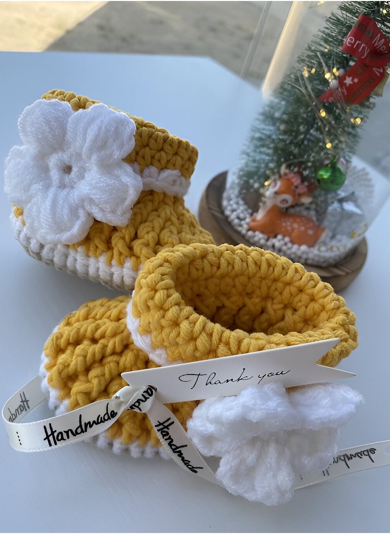 Mustard Baby Shoes with puff flower for 2 to 6monhs with 3.5 inch sole