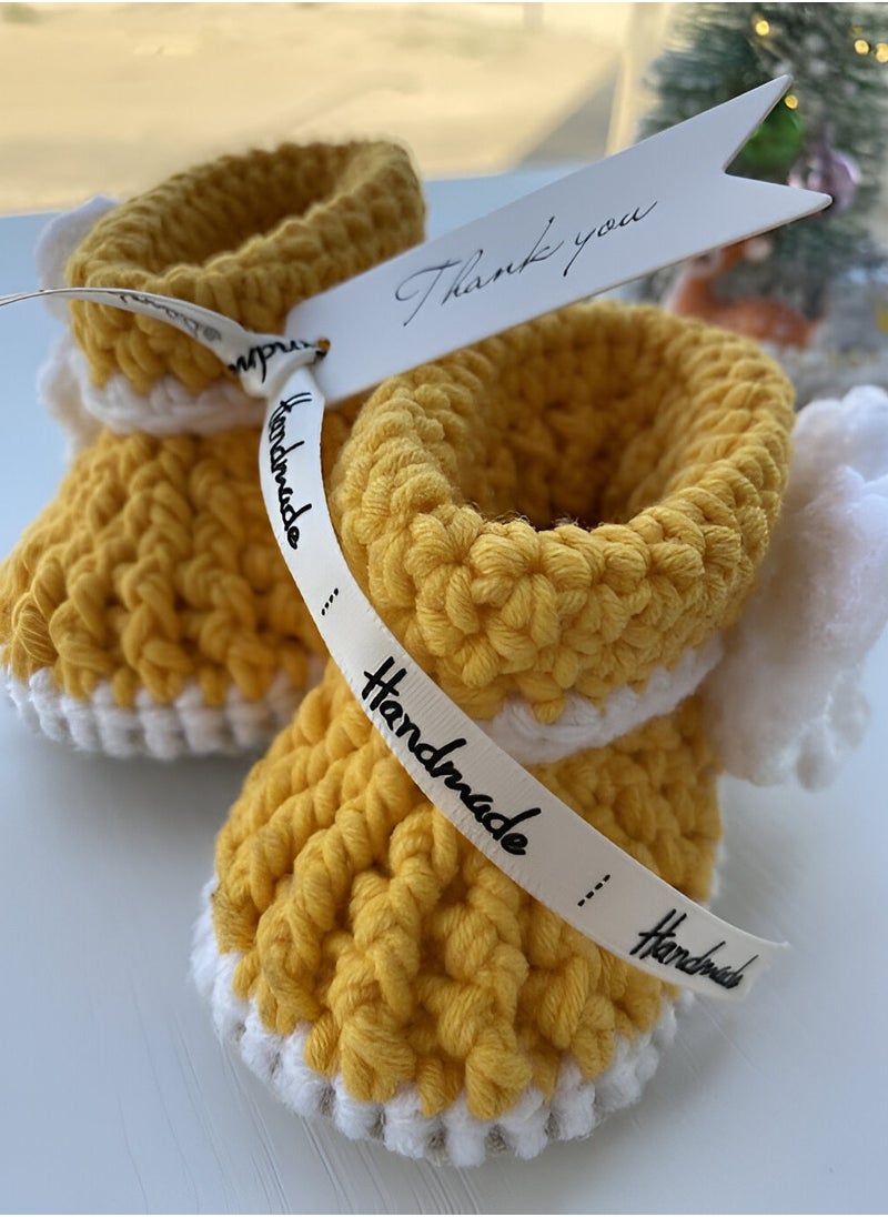 Mustard Baby Shoes with puff flower for 2 to 6monhs with 3.5 inch sole