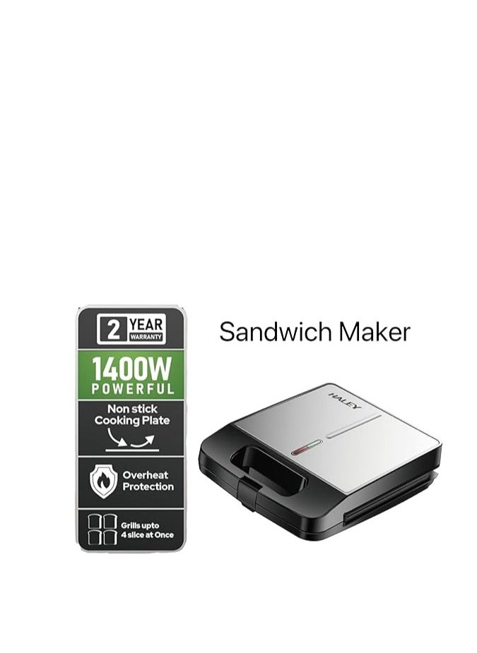 HALEY big Sandwich Maker Grill & Toaster Electric 1400W |Standard Size Fits 4 Bread Slice, 2 Years Warranty.HY1030 (1400W)