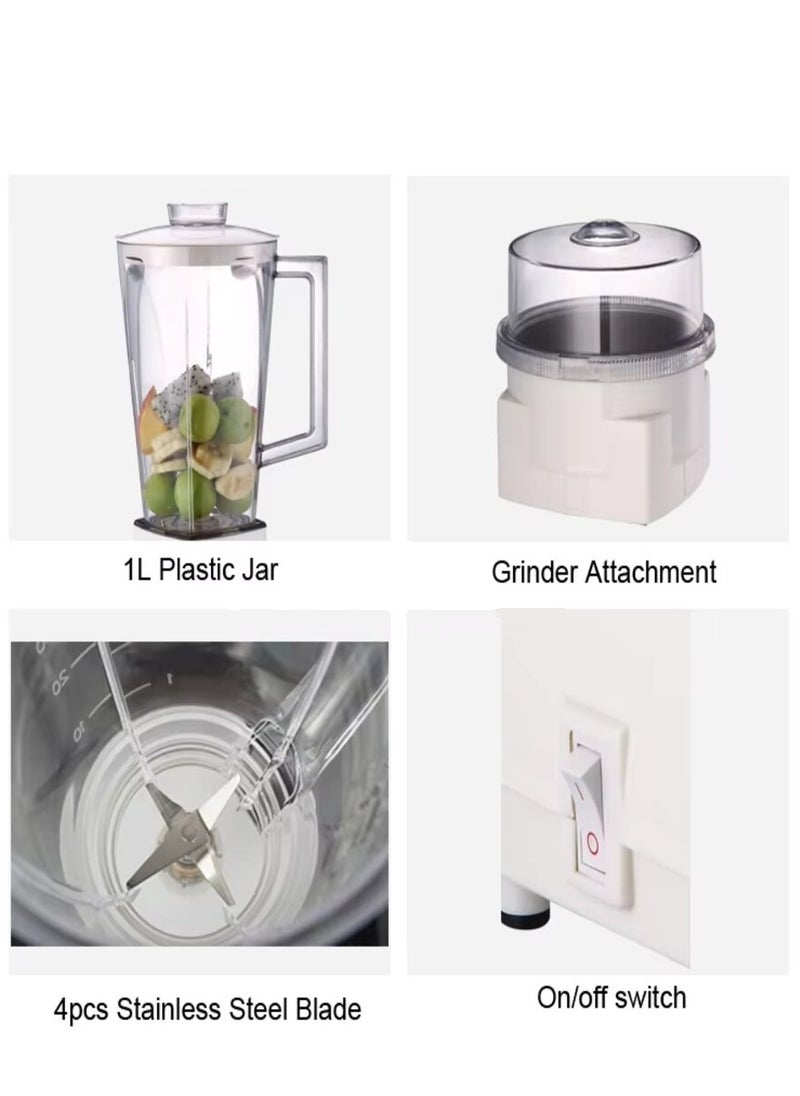 Disnie 3 in 1 Blender, 1 Liter 4 Blade Unbreakable Juicer Jar, 2 Blade & 3 Blade Small Jar for Coffee, Spice Grinder & Meat Chopper, Smoothie Maker