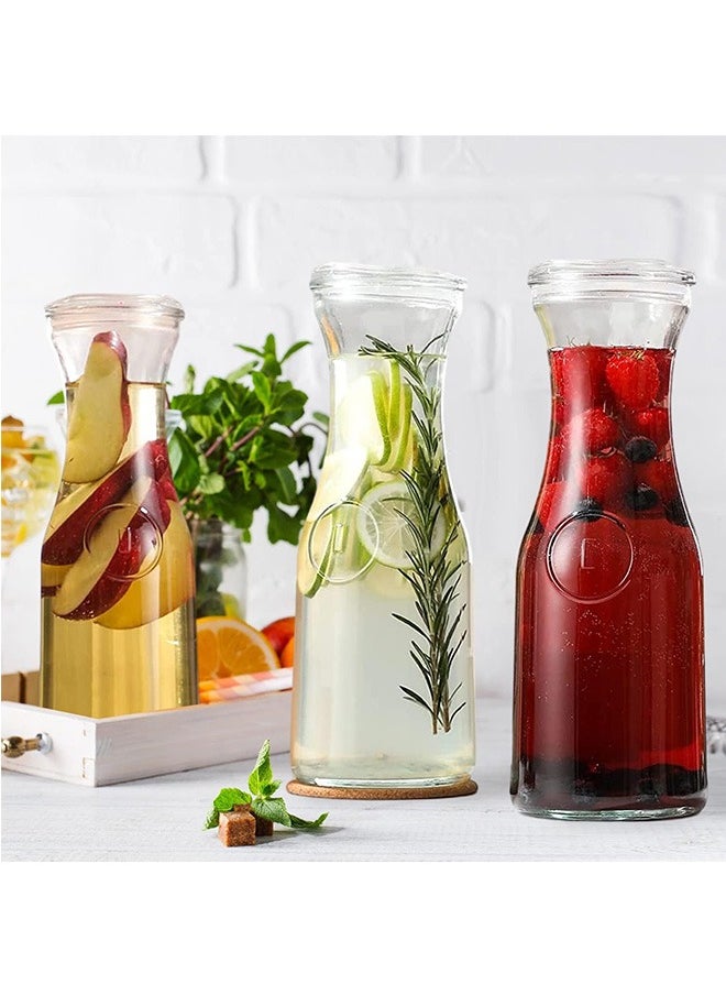 Set of 4 Glass Carafe with Lids, 1 Liter Beverage Pitcher Carafe for Brunch, Cold Water, Juice, Milk, Iced Tea, Lemonade - 4 Wooden Chalkboard Tags Included