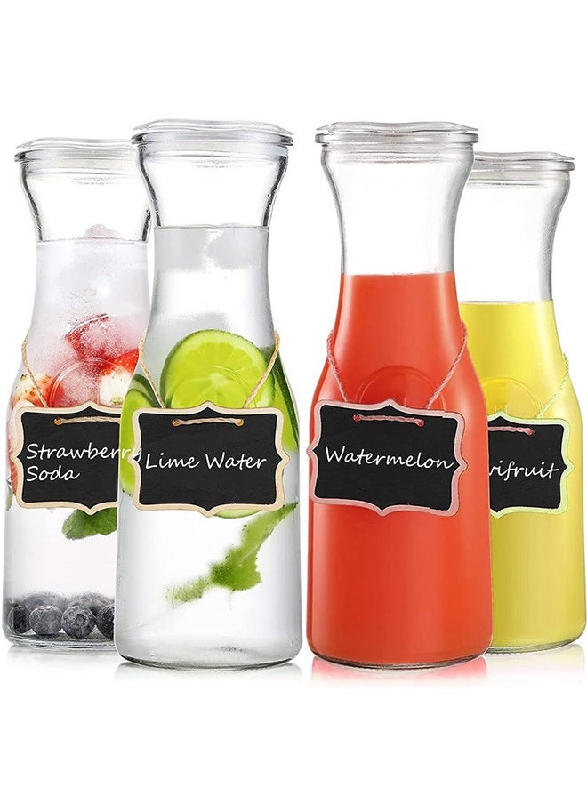 Set of 4 Glass Carafe with Lids, 1 Liter Beverage Pitcher Carafe for Brunch, Cold Water, Juice, Milk, Iced Tea, Lemonade - 4 Wooden Chalkboard Tags Included