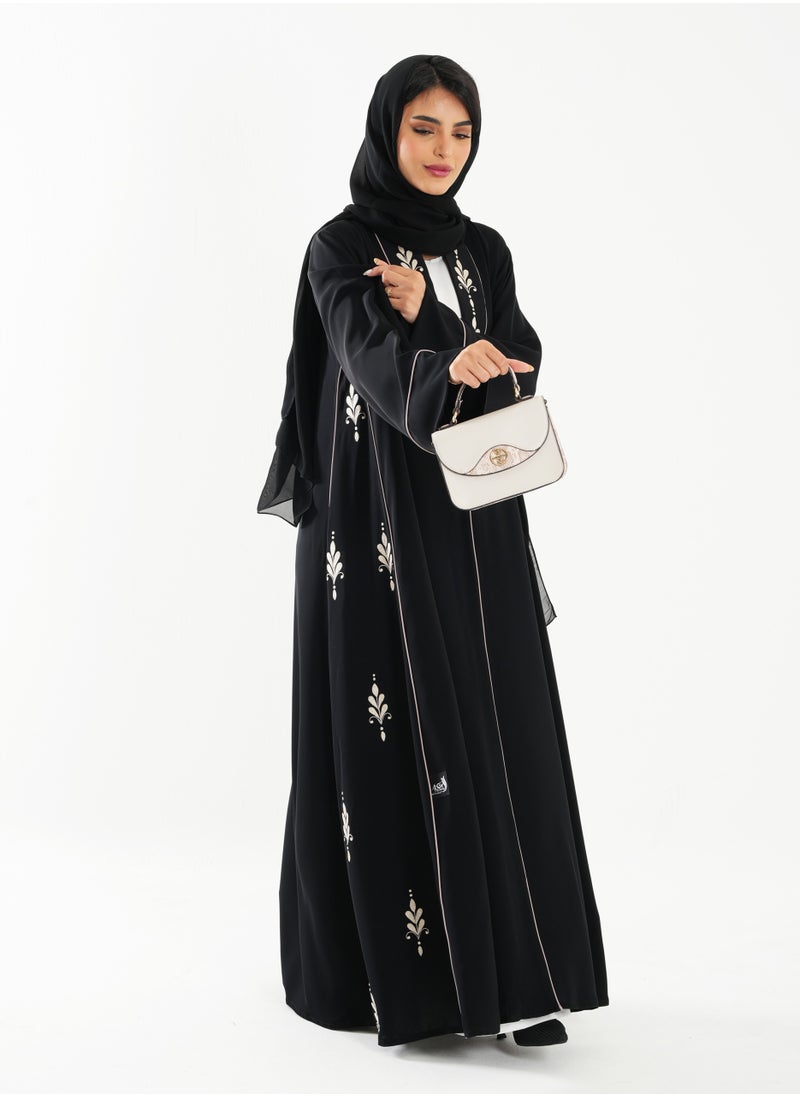 Black Abaya with French Cut and Embroidery Design