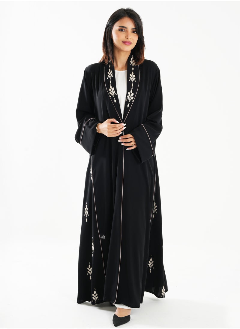 Black Abaya with French Cut and Embroidery Design