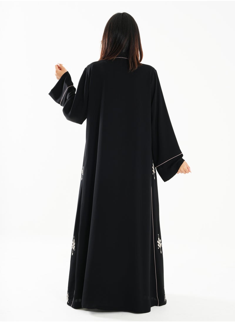 Black Abaya with French Cut and Embroidery Design