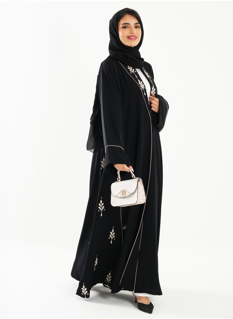 Black Abaya with French Cut and Embroidery Design