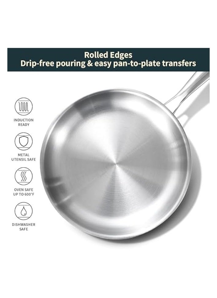 Full Clad Tri-Ply Stainless Steel Frying Pan, 10 inch Pan, All Stove Compatible Up to 600℉, Heavy Duty, Oven Safe Skillet, 18/10 Cooking Pan