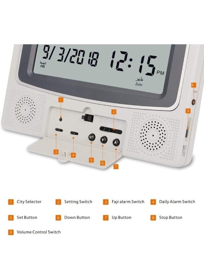 Digital Azan Table Alarm Clock Silver/Black 22.5x21.5cm