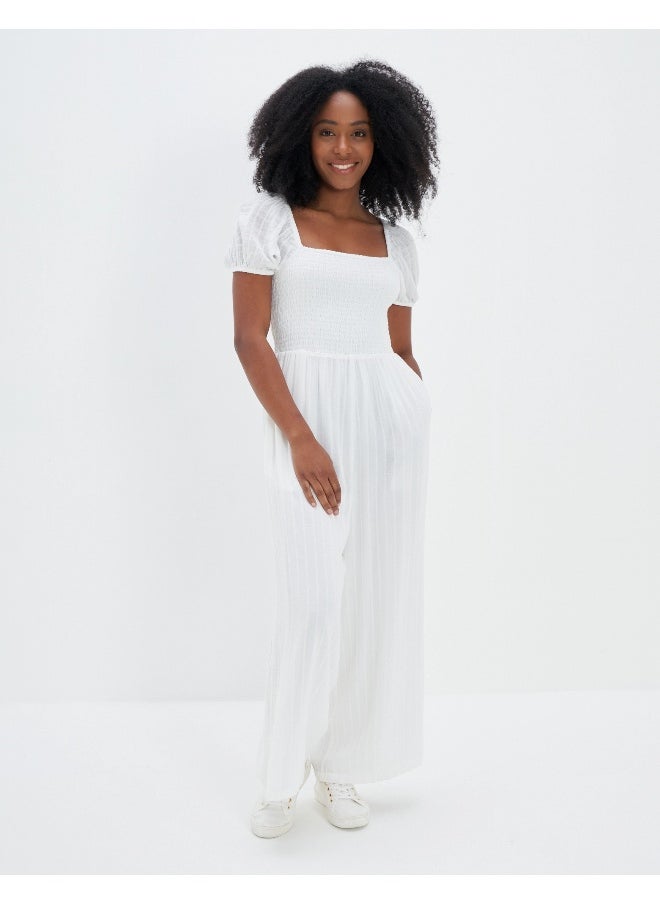 AE Smocked Puff-Sleeve Jumpsuit