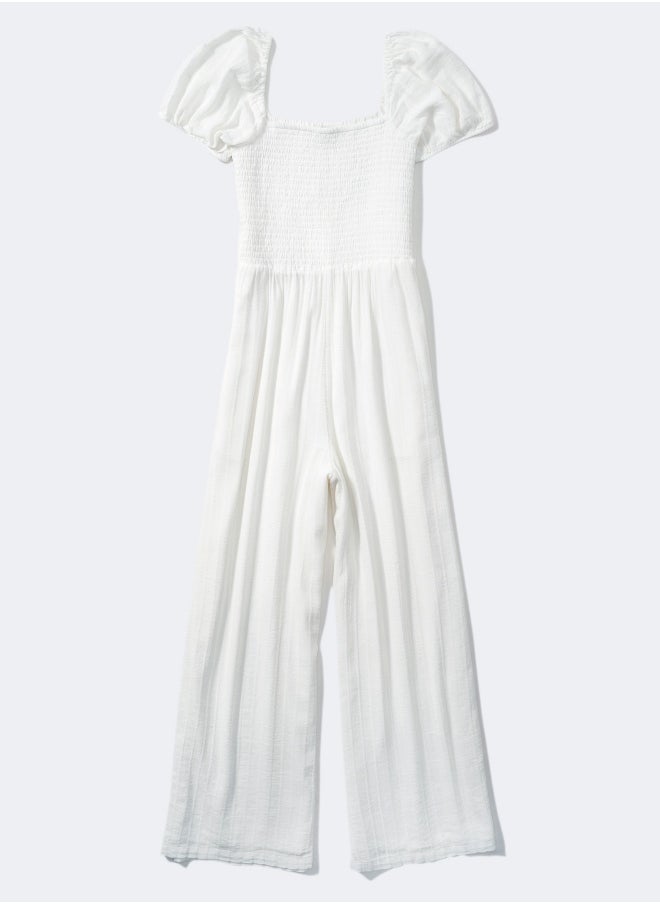 AE Smocked Puff-Sleeve Jumpsuit