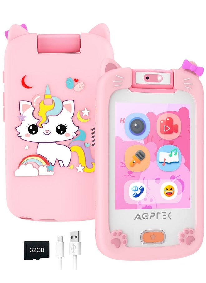 Kids Phone For Girls,Christmas Birthday Gifts For Age 3-7,Touchscreen Toys Phone With 32 Gb Tf Card, Dual Camera, Preschool Learning Device,Toddler Cell Phone With Silicon Cover-Pinkk…