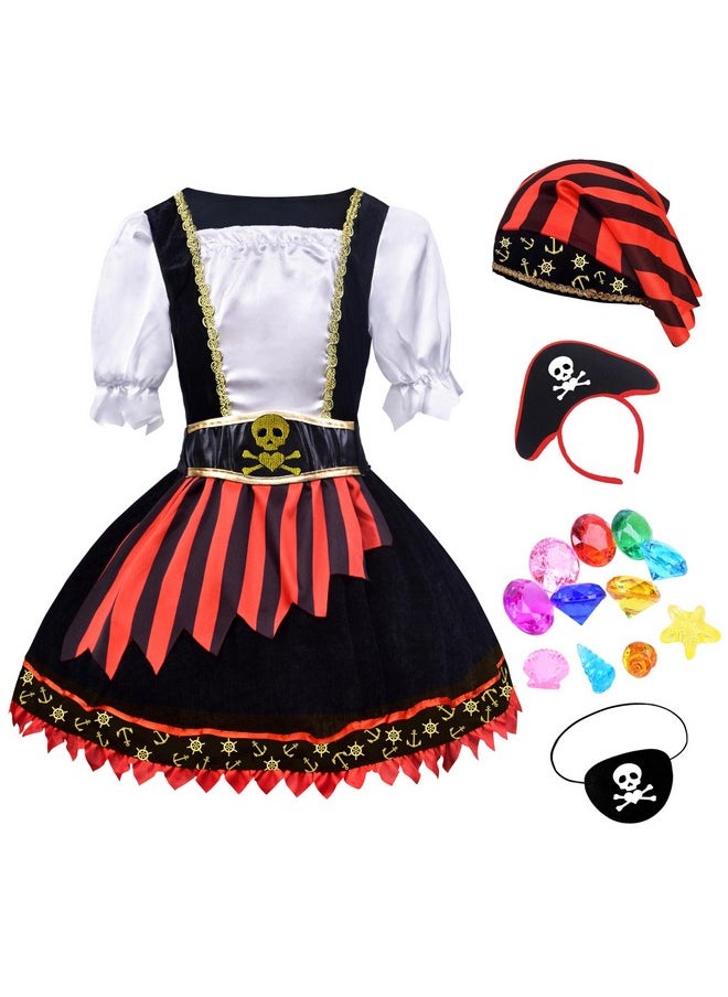 Girls Pirate Costume Kids Pirate Princess Dress Pirate Accessories Hat Hairband Eye Patch Belt Pirate Gems Treasure Toys Birthday Party Favor Gift Christmas Halloween Cosplay Costumes 4-5T