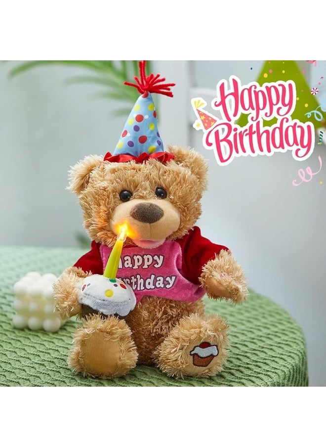 Houwsbaby 13.5'' Birthday Teddy Bear Interactive Stuffed Animal Electric Singing Musical Plush Toy with Cupcake, Glow Candle Gifts for Kids Girls Boys Valentine's Day Holiday