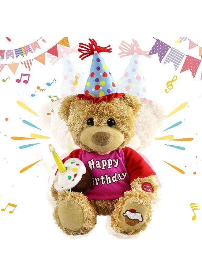 Houwsbaby 13.5'' Birthday Teddy Bear Interactive Stuffed Animal Electric Singing Musical Plush Toy with Cupcake, Glow Candle Gifts for Kids Girls Boys Valentine's Day Holiday