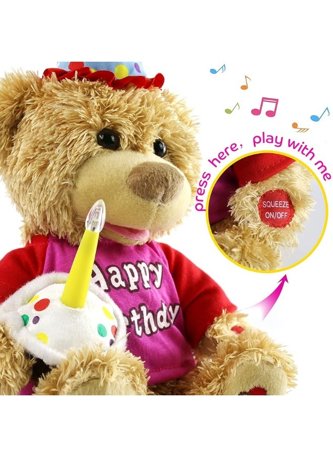 Houwsbaby 13.5'' Birthday Teddy Bear Interactive Stuffed Animal Electric Singing Musical Plush Toy with Cupcake, Glow Candle Gifts for Kids Girls Boys Valentine's Day Holiday