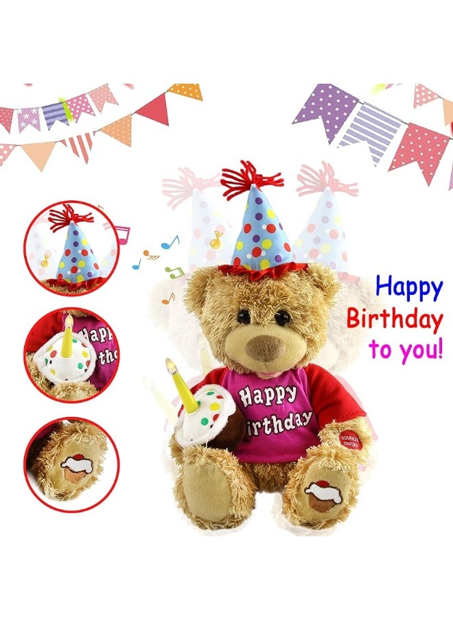 Houwsbaby 13.5'' Birthday Teddy Bear Interactive Stuffed Animal Electric Singing Musical Plush Toy with Cupcake, Glow Candle Gifts for Kids Girls Boys Valentine's Day Holiday