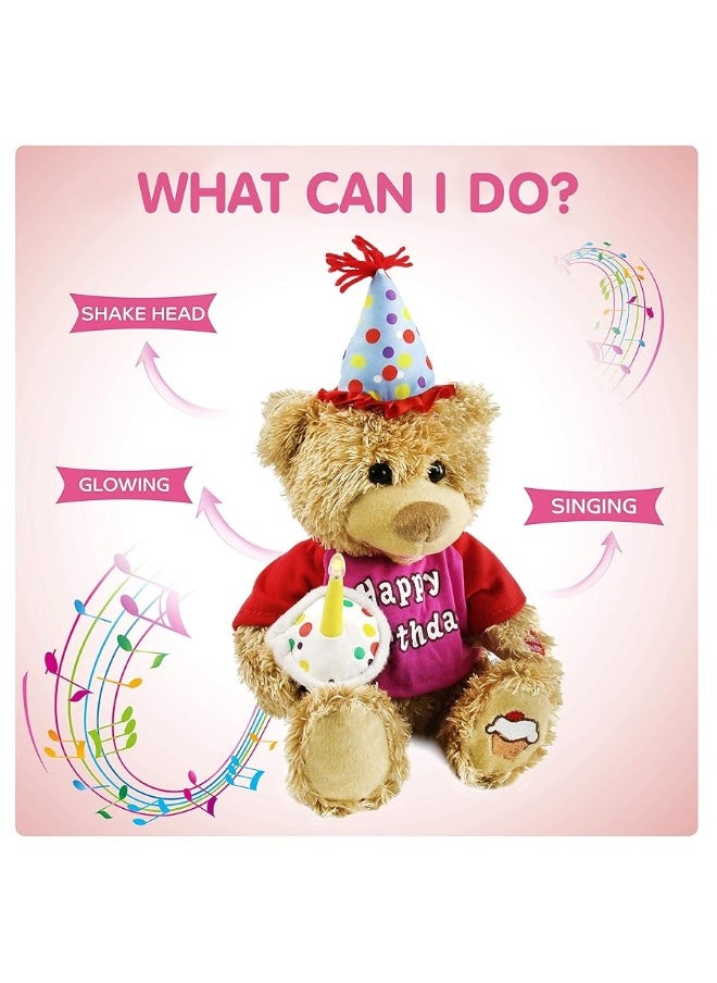 Houwsbaby 13.5'' Birthday Teddy Bear Interactive Stuffed Animal Electric Singing Musical Plush Toy with Cupcake, Glow Candle Gifts for Kids Girls Boys Valentine's Day Holiday