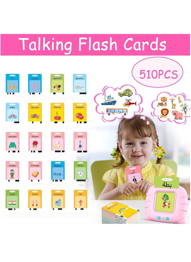 Arabic English Learning Toys,510 Words Baby Talking Flash Cards, Preschool Learning Toy for Toddlers, Speech Therapy Montessori Toys for 3-6 Year Old Boys Girls Birthday Gifts(Pink)