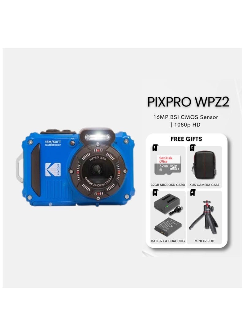 KODAK PIXPRO WPZ2 Rugged Waterproof Shockproof Dustproof WiFi Digital Camera 16MP 4X Optical Zoom 1080P Full HD Video Vlogging Camera 2.7