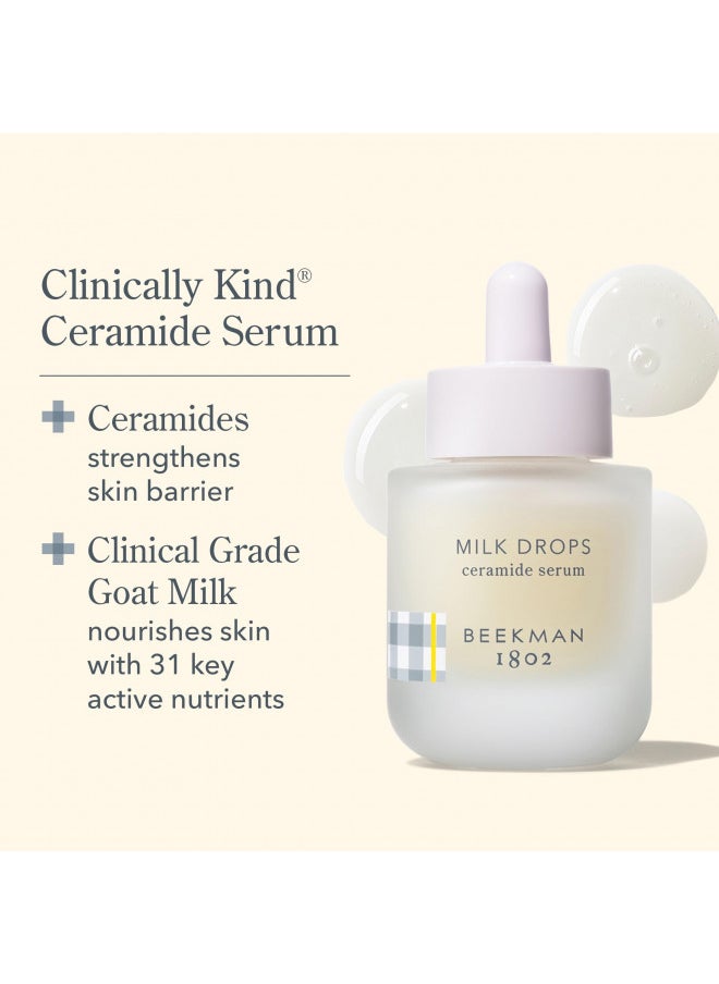 Beekman 1802 Goat Milk Skincare 6-Piece Starter Set - Includes Jelly Cleanser (0.5 fl oz), Milk Drops (0.5 fl oz), Dewy Eyed Serum (0.16 fl oz), Bloom Cream (0.5 fl oz), Travel Bag & Hair Clip