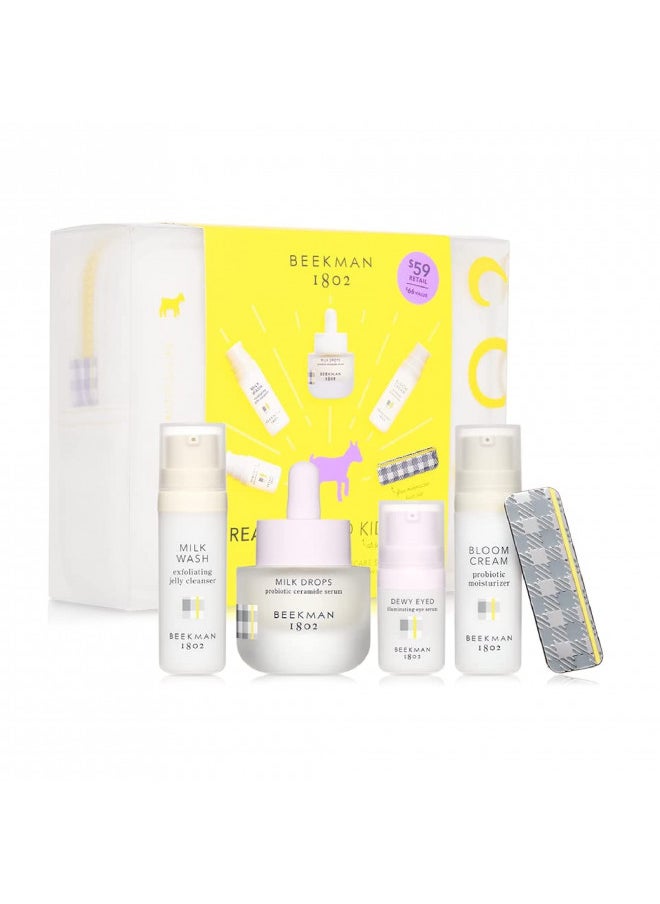 Beekman 1802 Goat Milk Skincare 6-Piece Starter Set - Includes Jelly Cleanser (0.5 fl oz), Milk Drops (0.5 fl oz), Dewy Eyed Serum (0.16 fl oz), Bloom Cream (0.5 fl oz), Travel Bag & Hair Clip