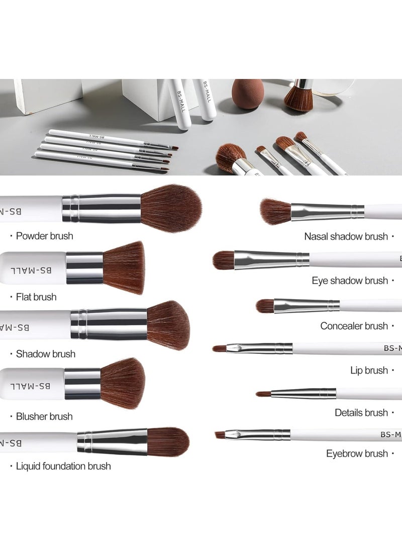 Makeup Brush Set 11Pcs Bamboo Synthetic Kabuki Brush Set Foundation Powder Blending Concealer Eye shadows Blush Cosmetics Brushes with Organizer Bag and Makeup Sponge White