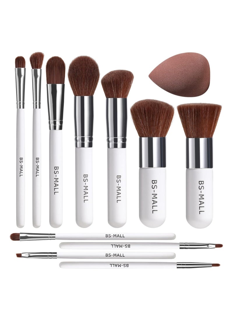 Makeup Brush Set 11Pcs Bamboo Synthetic Kabuki Brush Set Foundation Powder Blending Concealer Eye shadows Blush Cosmetics Brushes with Organizer Bag and Makeup Sponge White