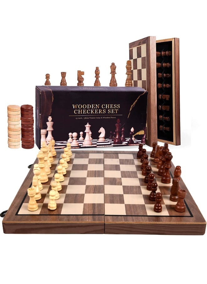 Chess Sets,15 Inch Magnetic Wooden Chess Set, Board Game for Adults and Kids, with 24 Cherkers Pieces Extra & 2 Extra Queens,Portable Travel Chess Board Game Sets